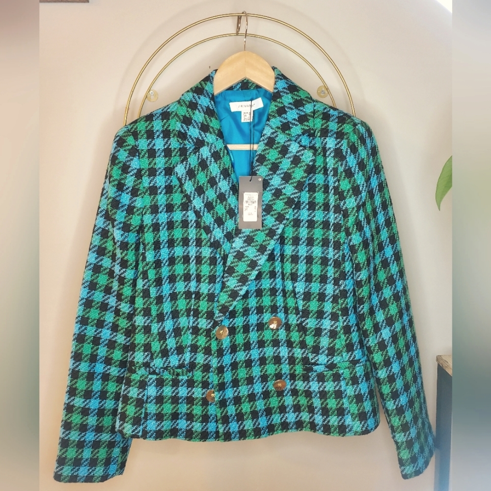 NWT Primark Tweed Bright Blue, Black and Green Vintage Style Blazer Size M